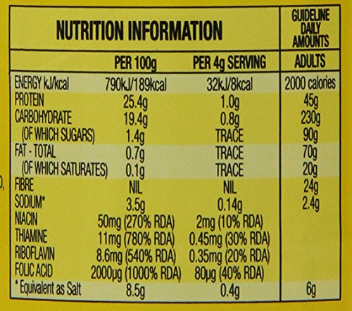 Vegemite 220g jar back nutrition label highlights no added sugar and vegetarian suitability.
