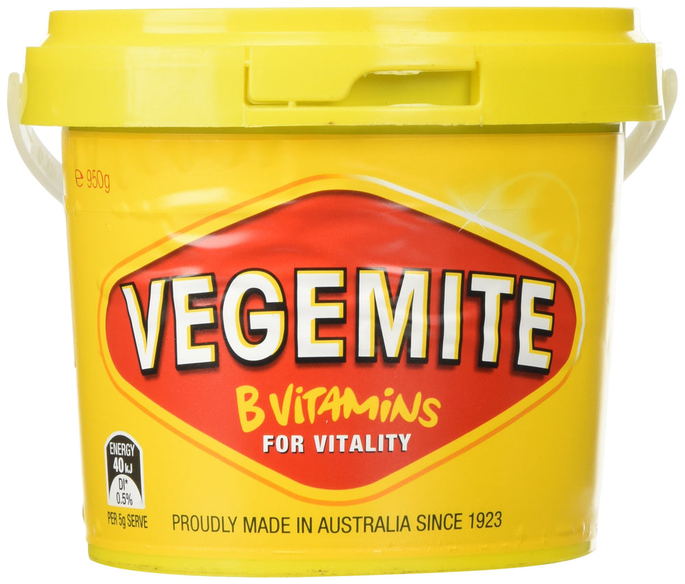 Vegemite yeast extract spread 950g tub close-up, rich in B vitamins for breakfast.