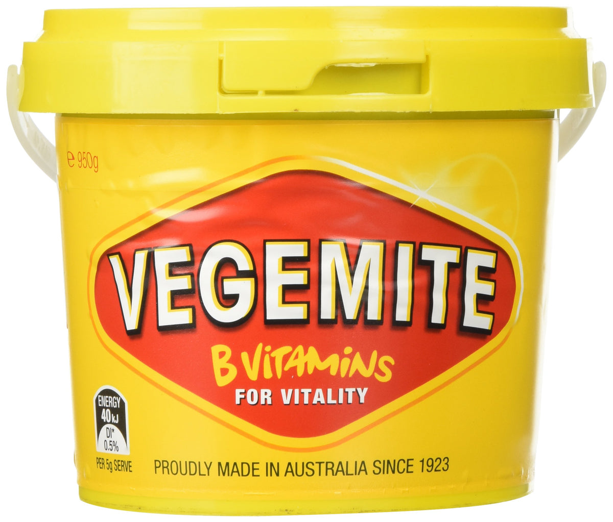 Vegemite yeast extract spread 950g tub close-up, rich in B vitamins for breakfast.
