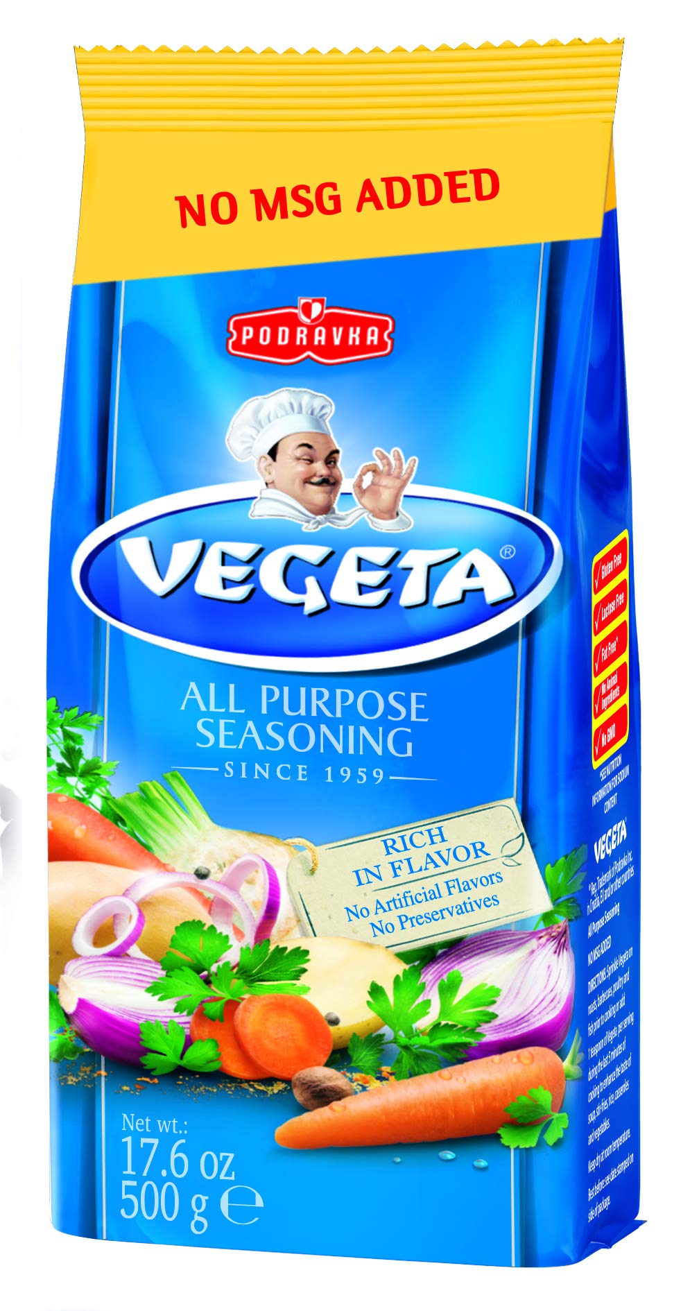 Vegeta gourmet seasoning 500g bag front view for balanced Mediterranean flavor in meals.