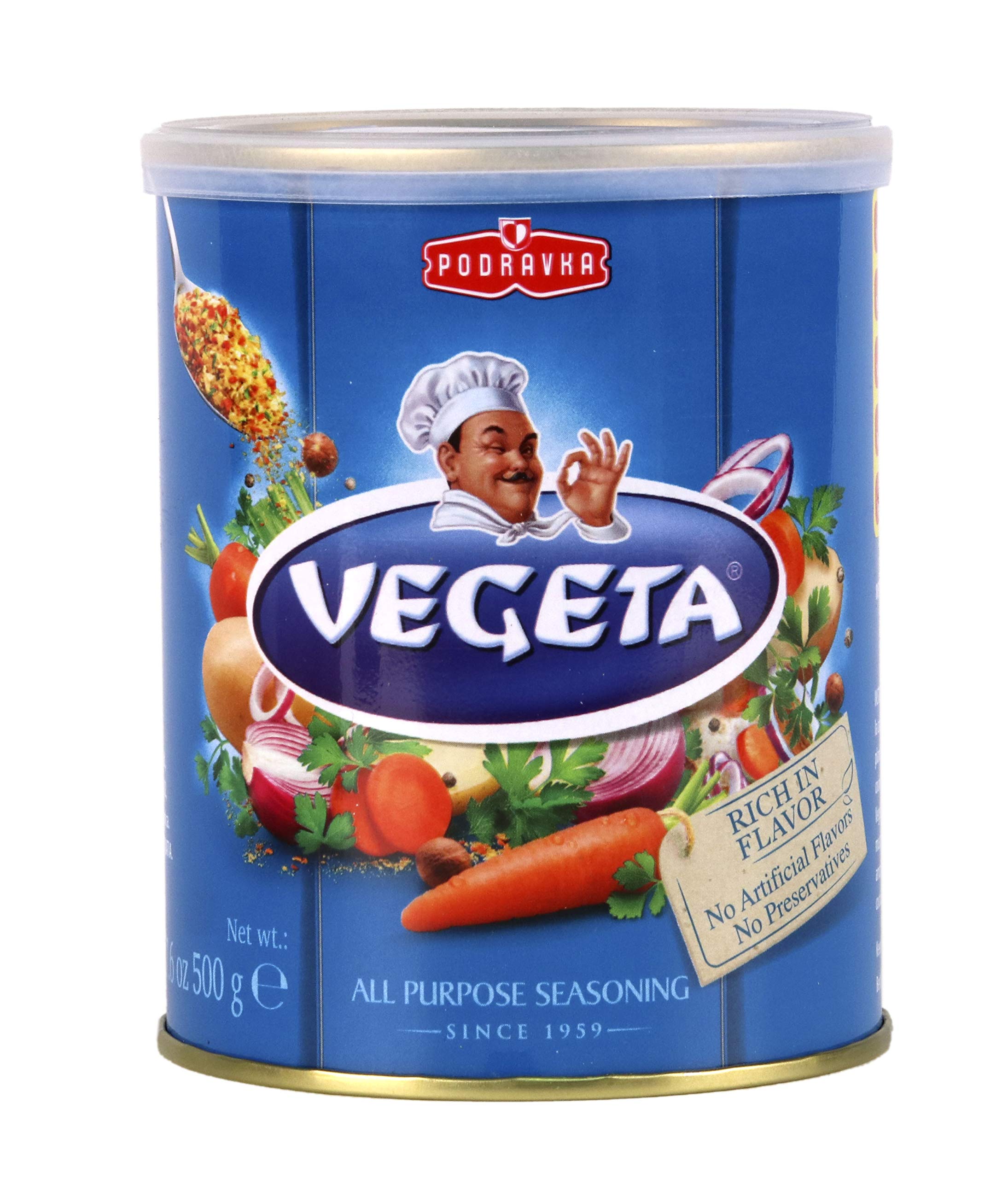 Vegeta Gourmet Seasoning Tin close-up showing balanced flavor for meats and vegetables