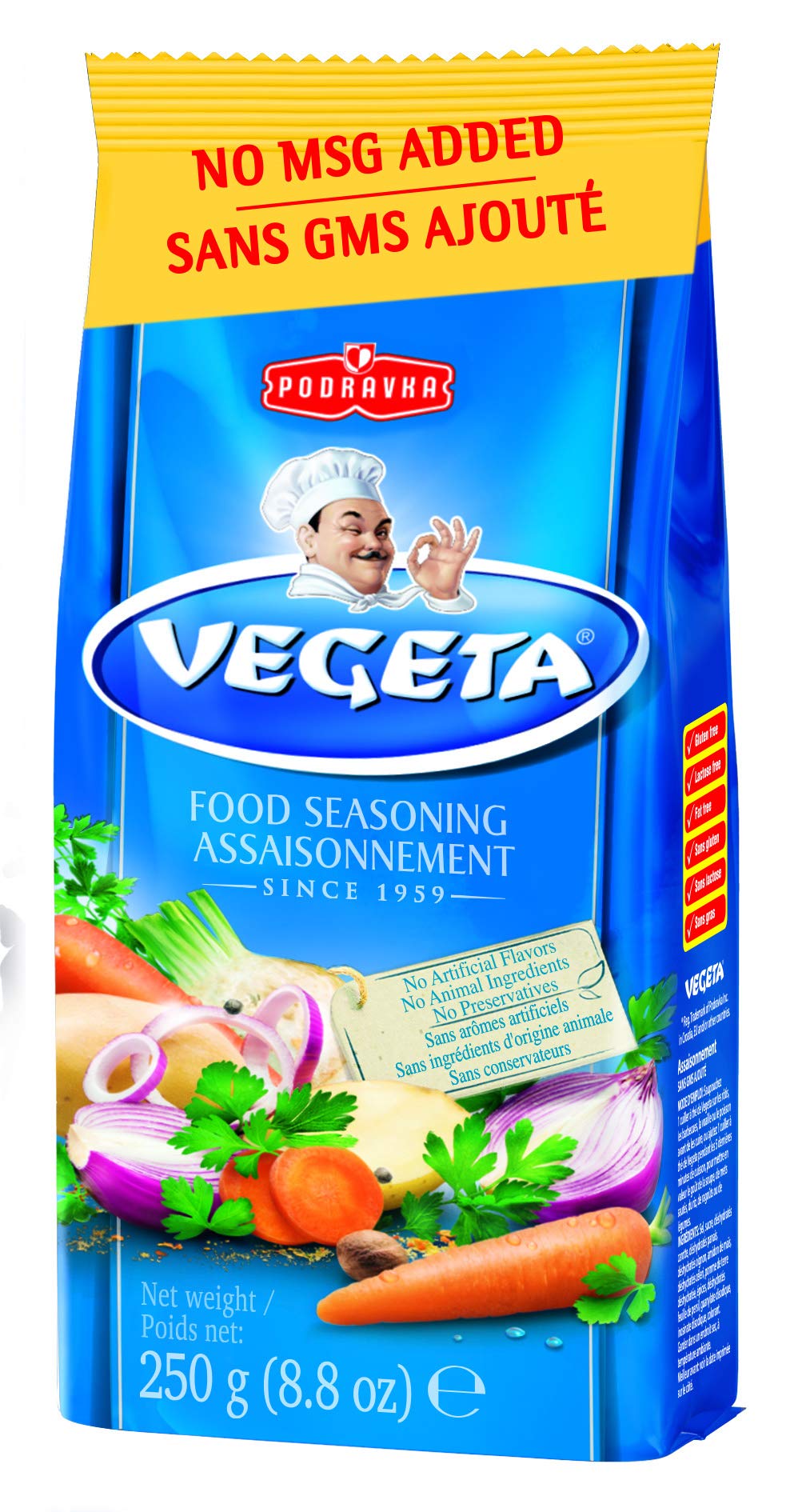 Vegeta No MSG added all-purpose seasoning bottle front enhances meals with quick, balanced flavor.