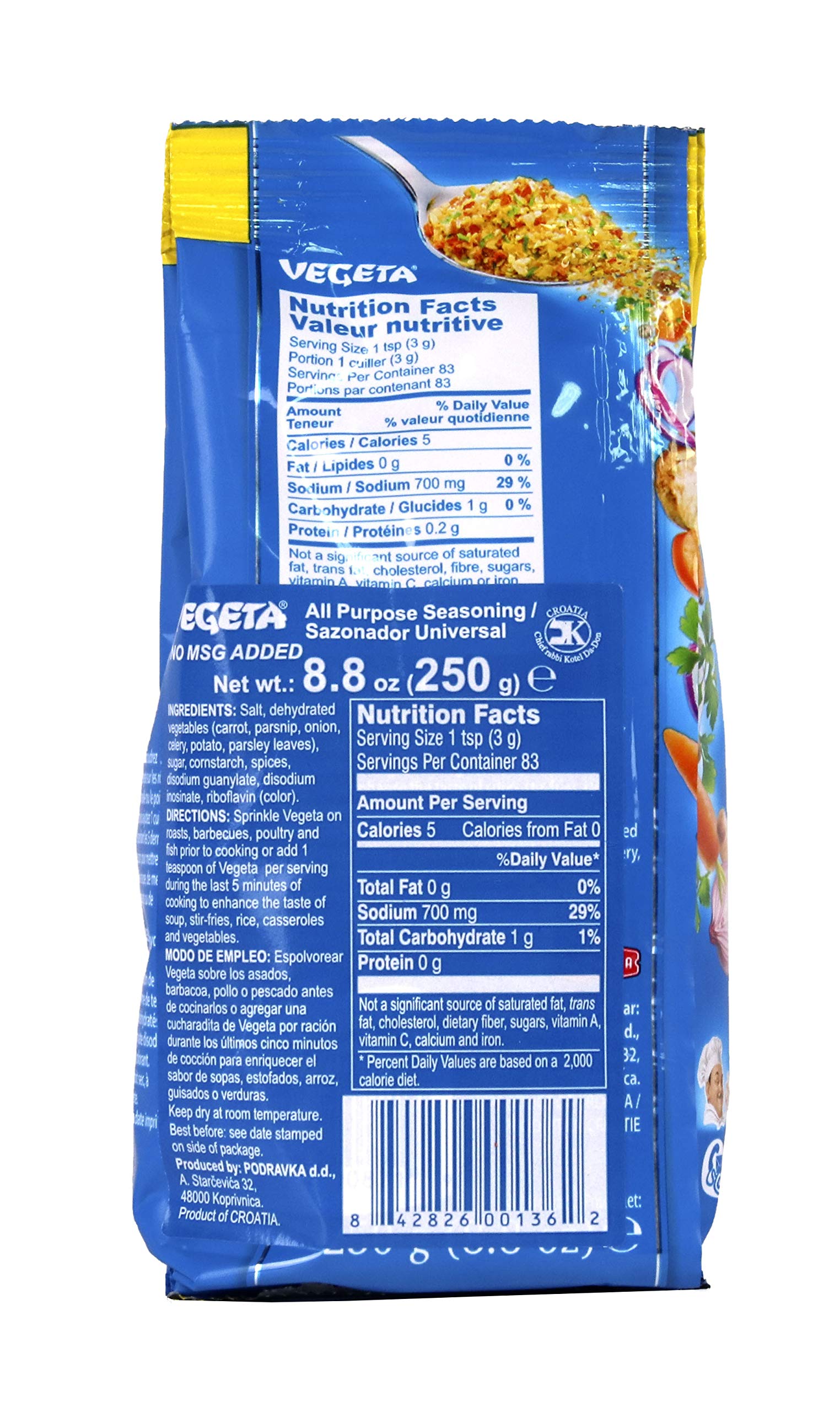 Vegeta No MSG added label closeup highlights natural vegetables and herbs for better flavor.