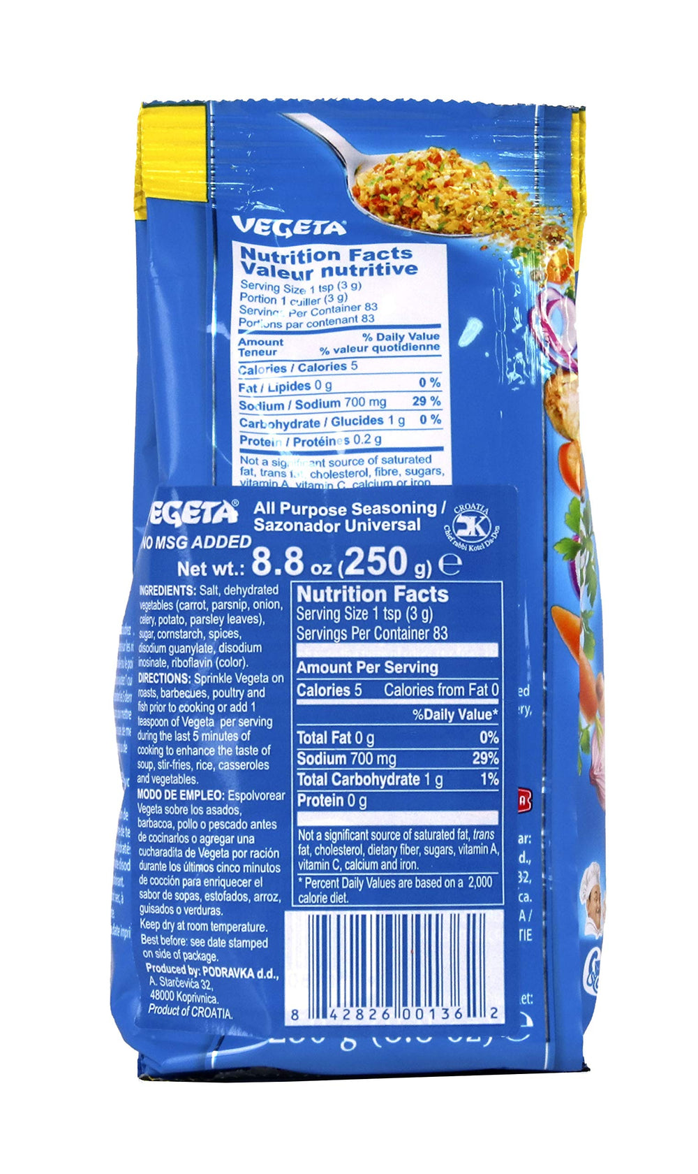 Vegeta No MSG added label closeup highlights natural vegetables and herbs for better flavor.
