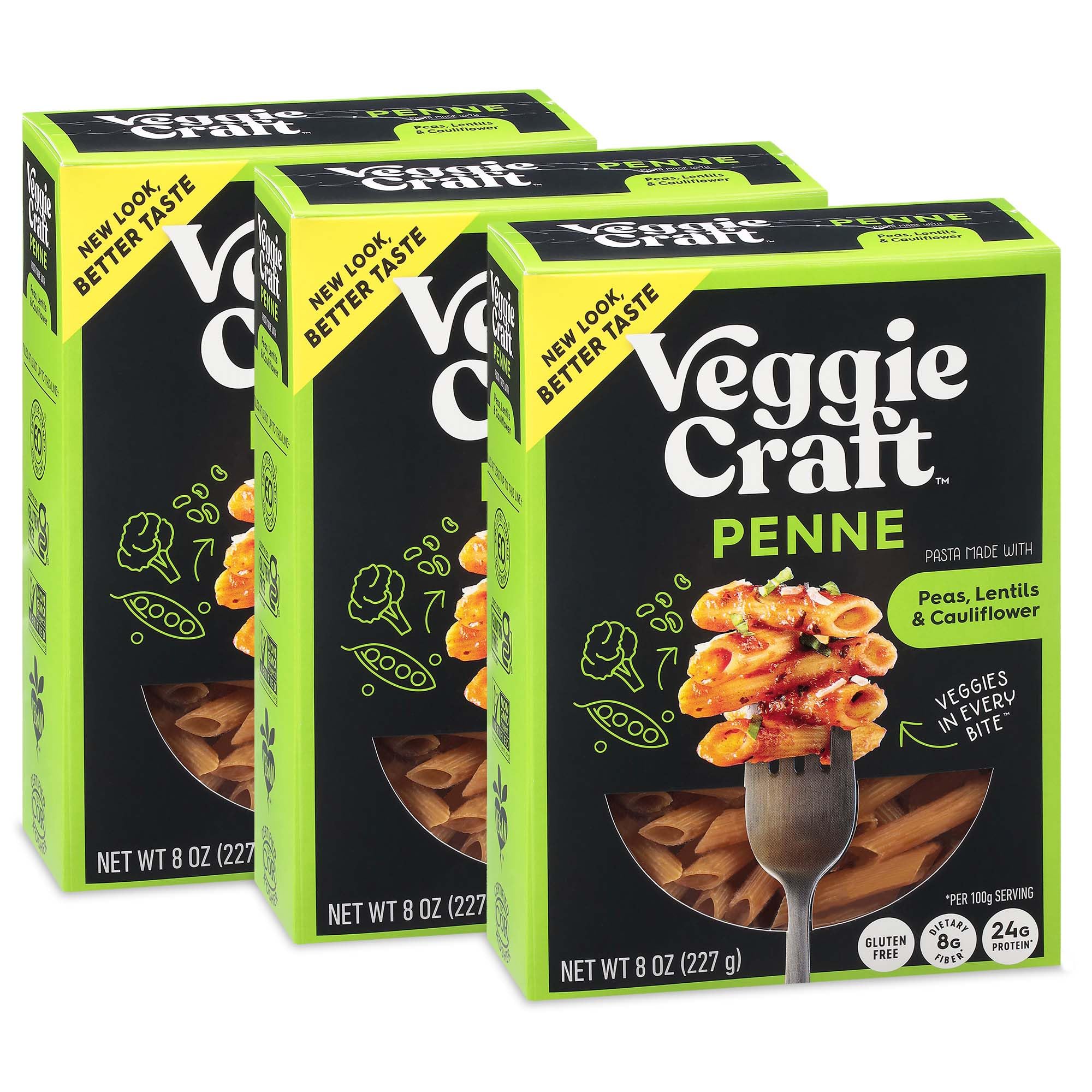 Veggiecraft Farms Penne Pasta pack showing plant-based, gluten-free noodles for quick meals
