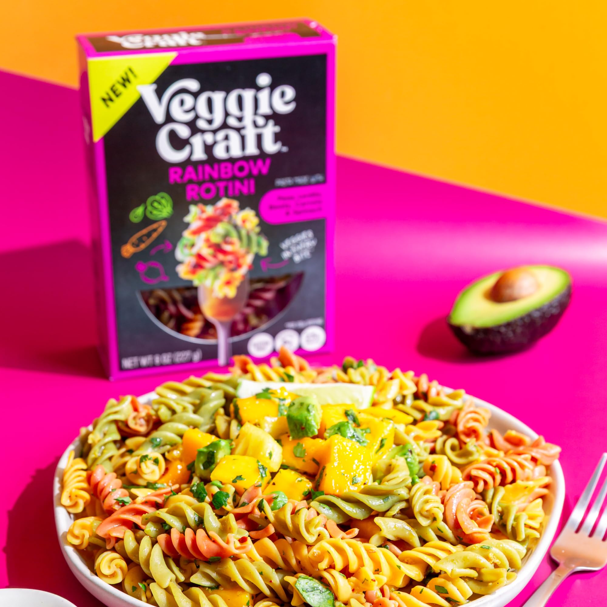 Nutrition panel: Rainbow Rotini delivers 23 g protein and 8 g fiber per serving