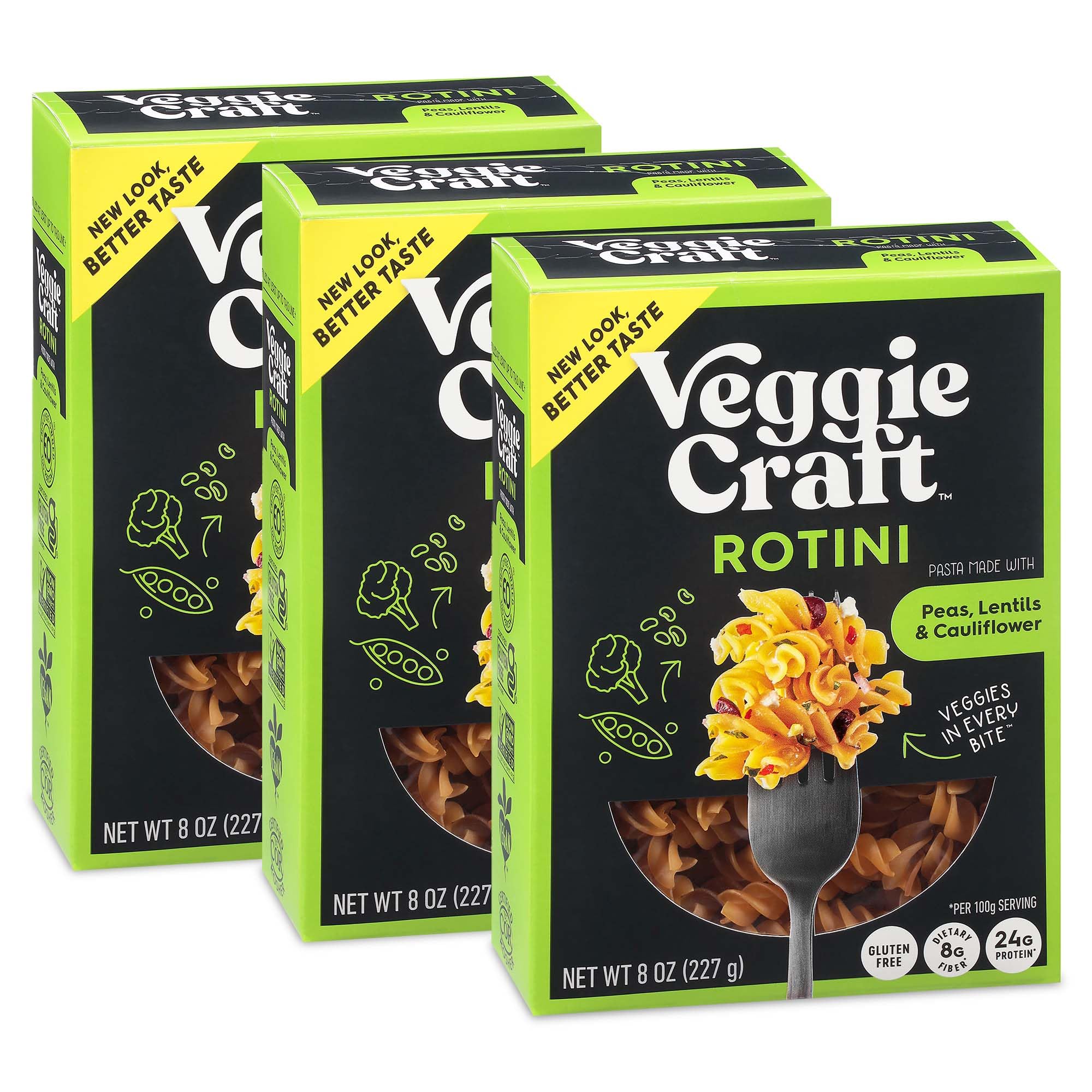 Veggiecraft Farms Rotini pasta packaging hero displaying brand and product features