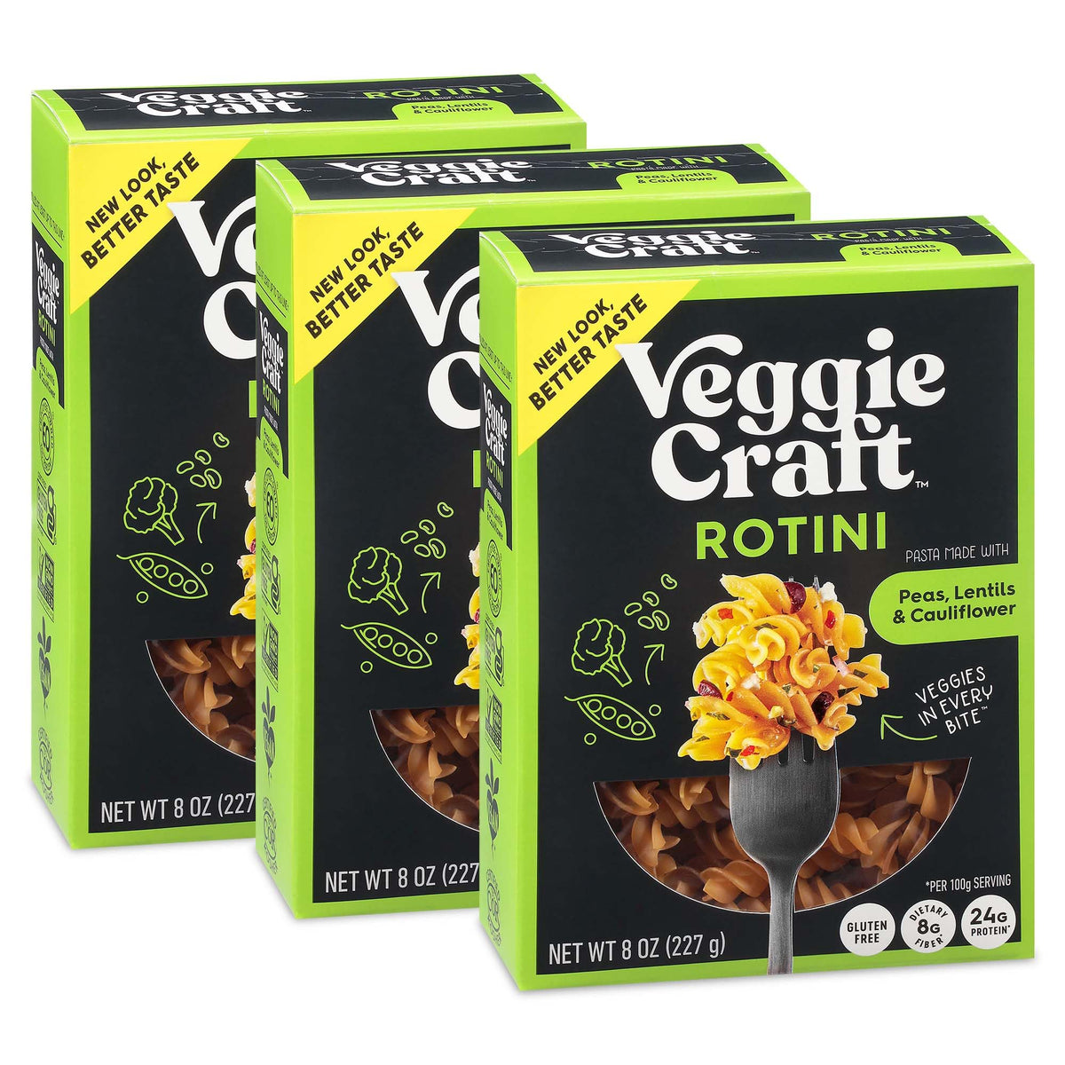 Veggiecraft Farms Rotini pasta packaging hero displaying brand and product features