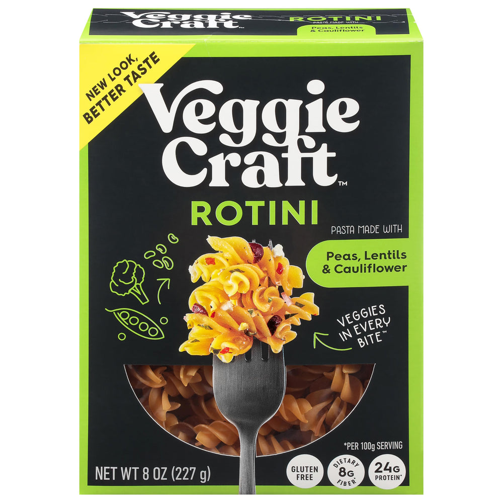 Veggiecraft Farms Rotini Pasta packaging showcases gluten-free, high-protein noodles.