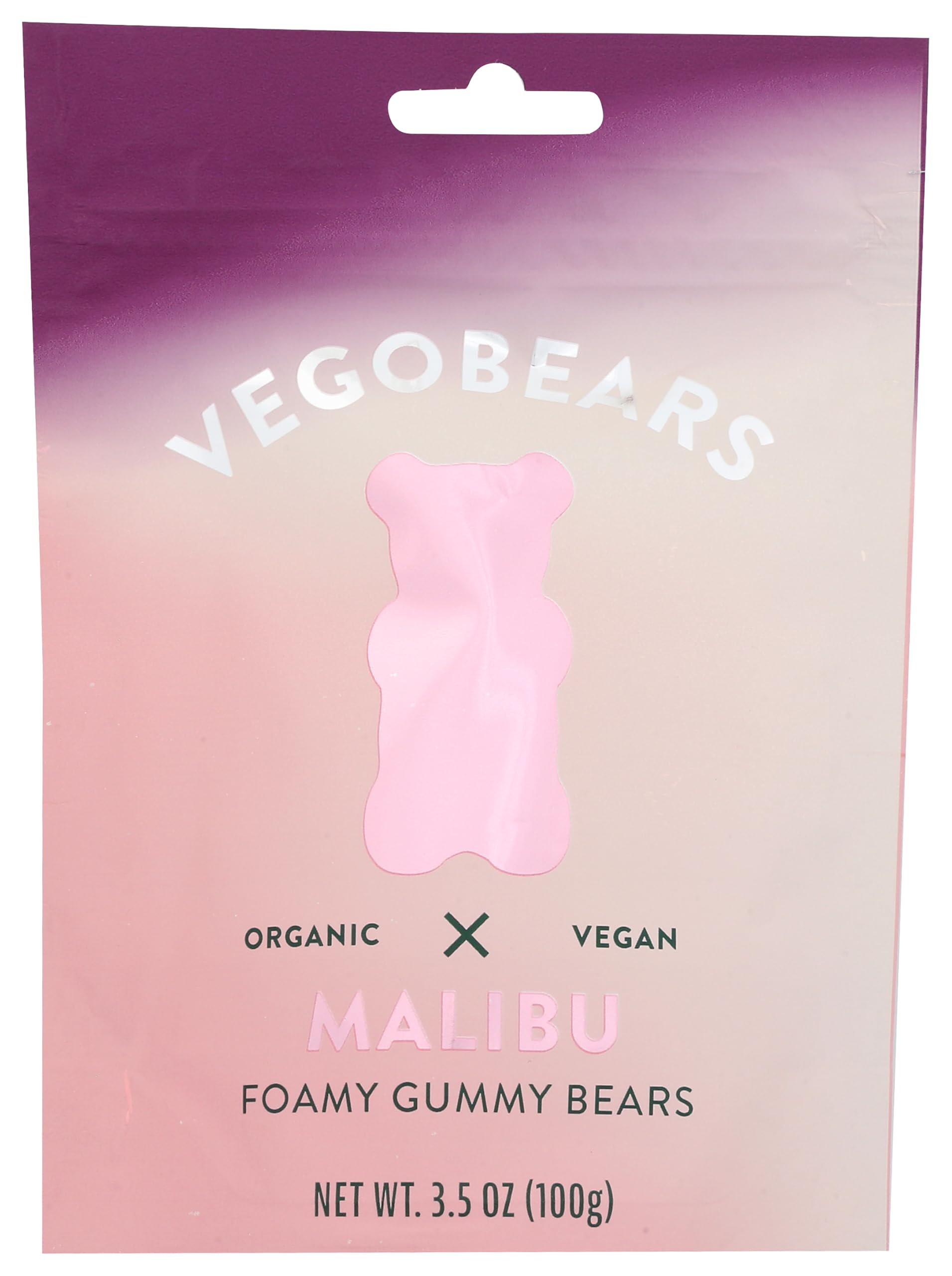 Vegobears Foamy Gummy Bears front pack highlighting convenient 3.5 oz pouch for on-the-go snacking.