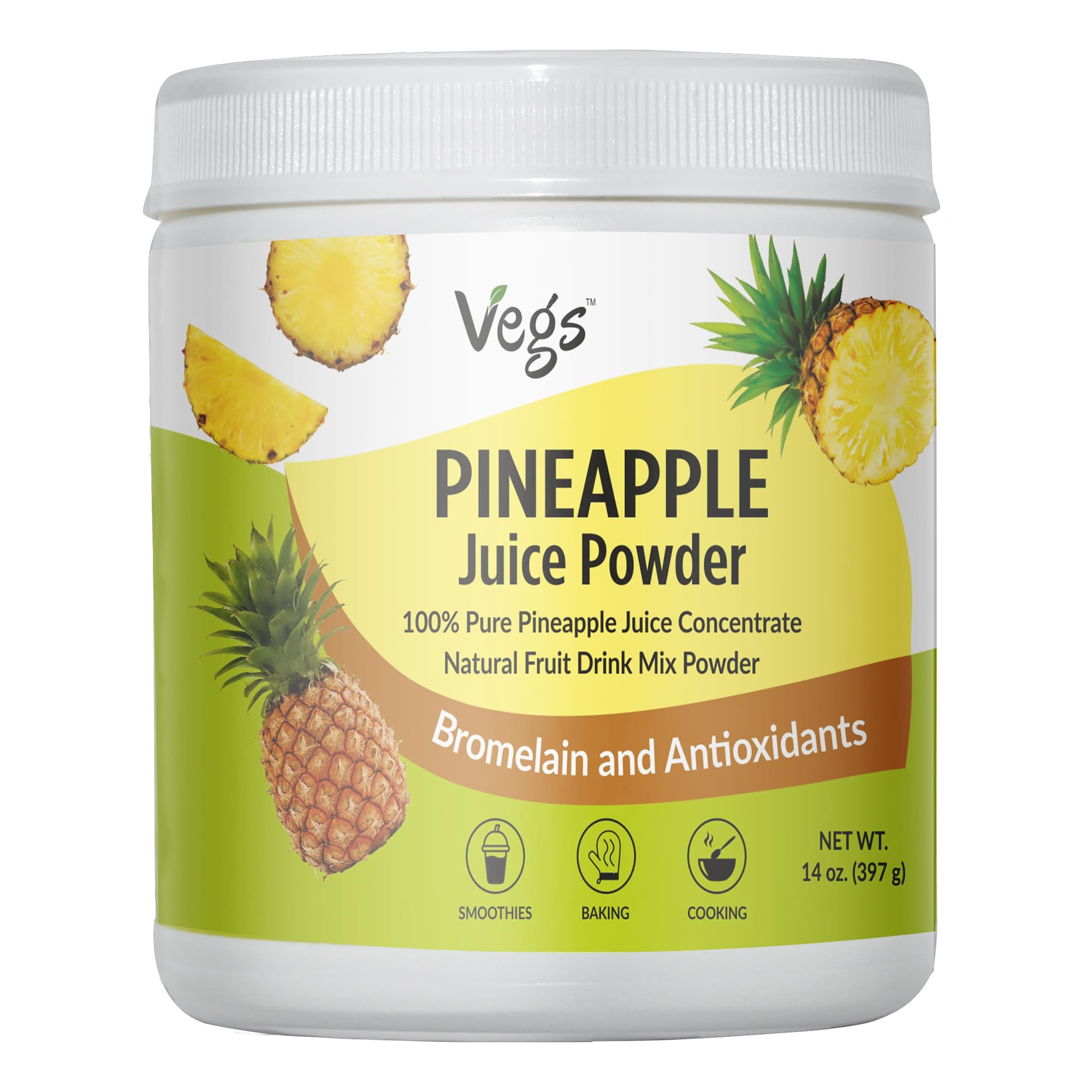 Vegs Pineapple Juice Powder bottle being poured, highlighting tropical flavor