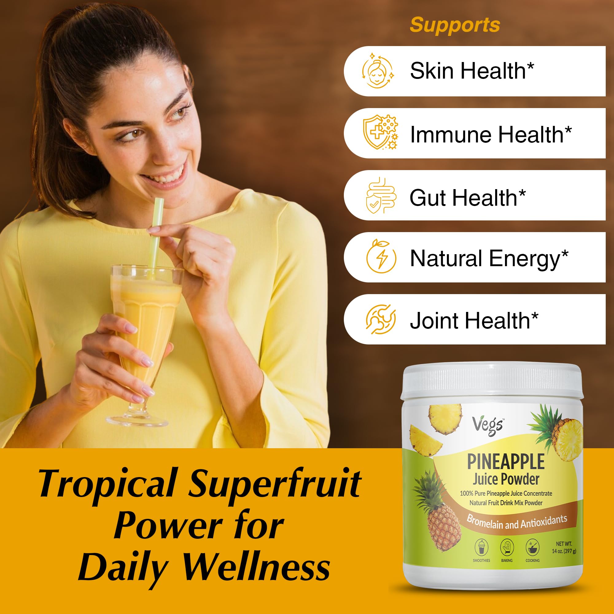 Smoothie glass with Vegs pineapple powder boosting tropical flavor