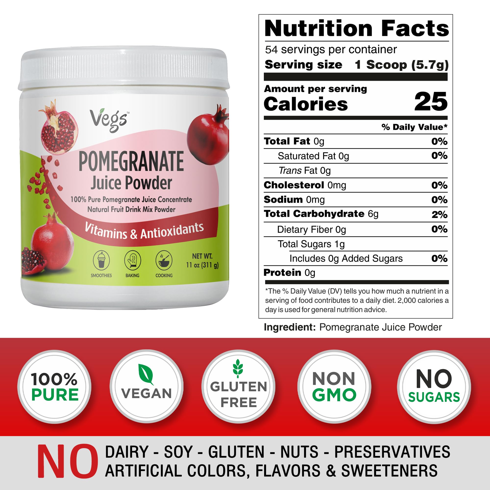 Vegs Pomegranate Powder baking sheet suggests easy incorporation into desserts and pastries
