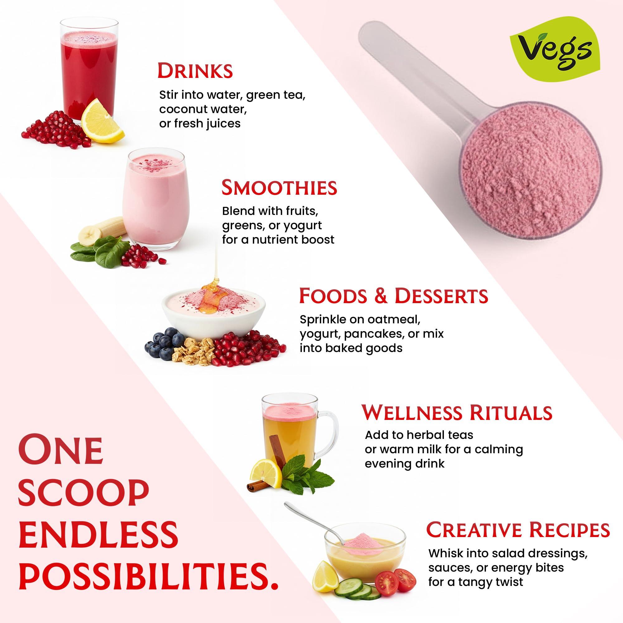 Vegs Pomegranate Powder dispensing cap highlights convenient, mess-free topping option