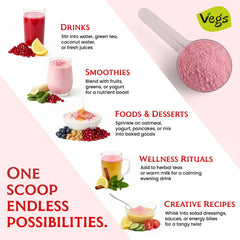 Vegs Pomegranate Powder dispensing cap highlights convenient, mess-free topping option