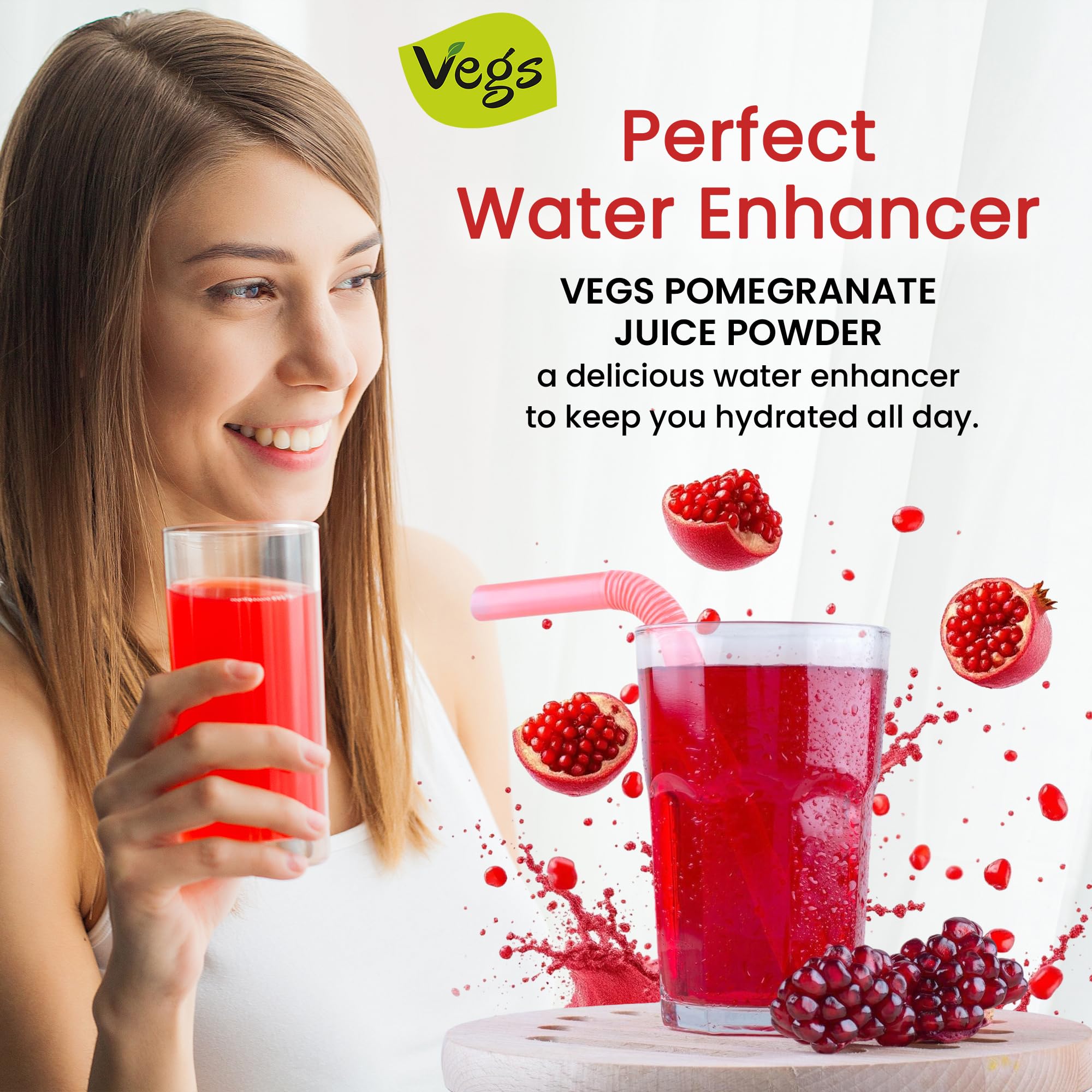 Vegs Pomegranate Powder label emphasizes organic, non-GMO, vegan purity