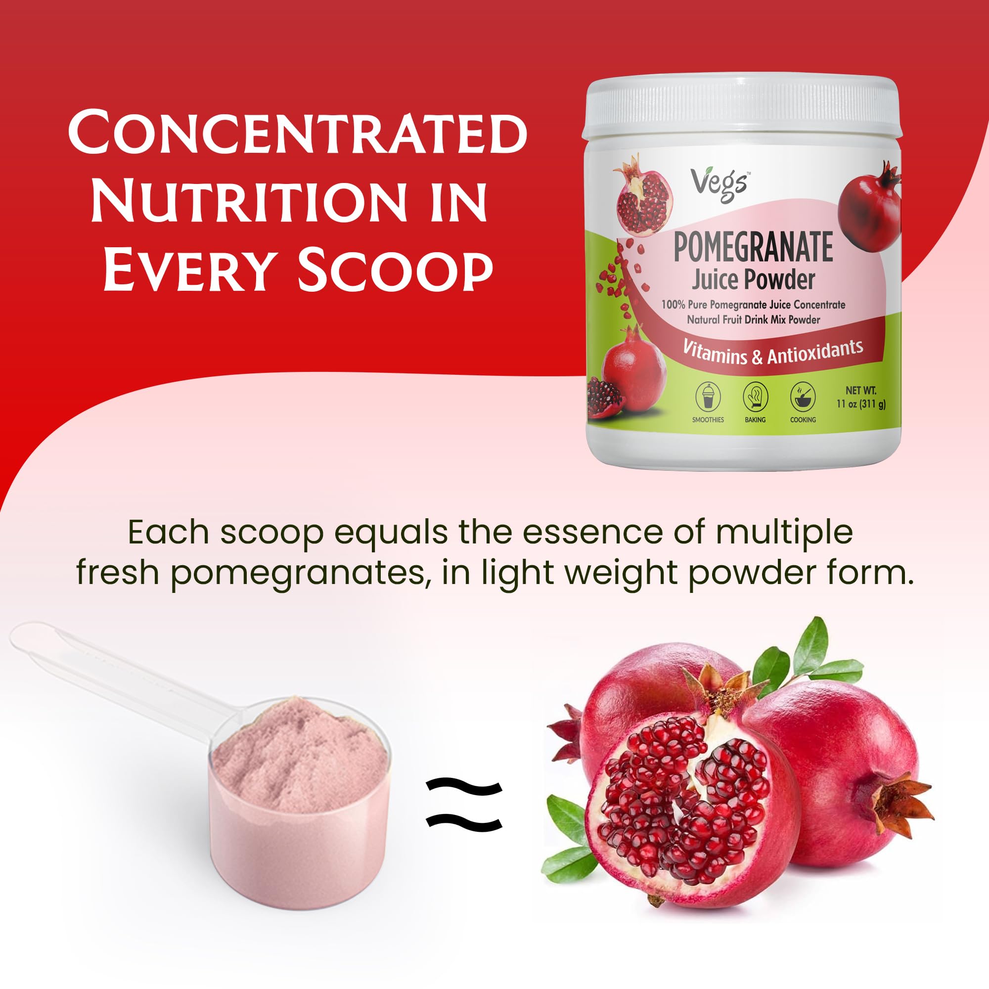 Vegs Pomegranate Powder scoop demonstrates easy, measured servings for daily use