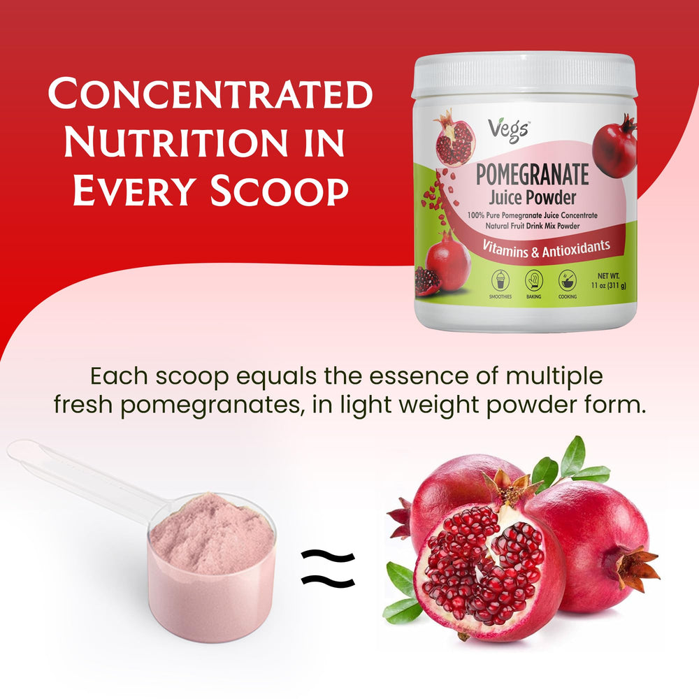 Vegs Pomegranate Powder scoop demonstrates easy, measured servings for daily use