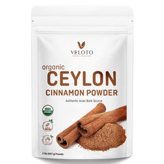 Veloto Organic Ceylon Cinnamon Powder bag closeup, ideal for baking and aroma.