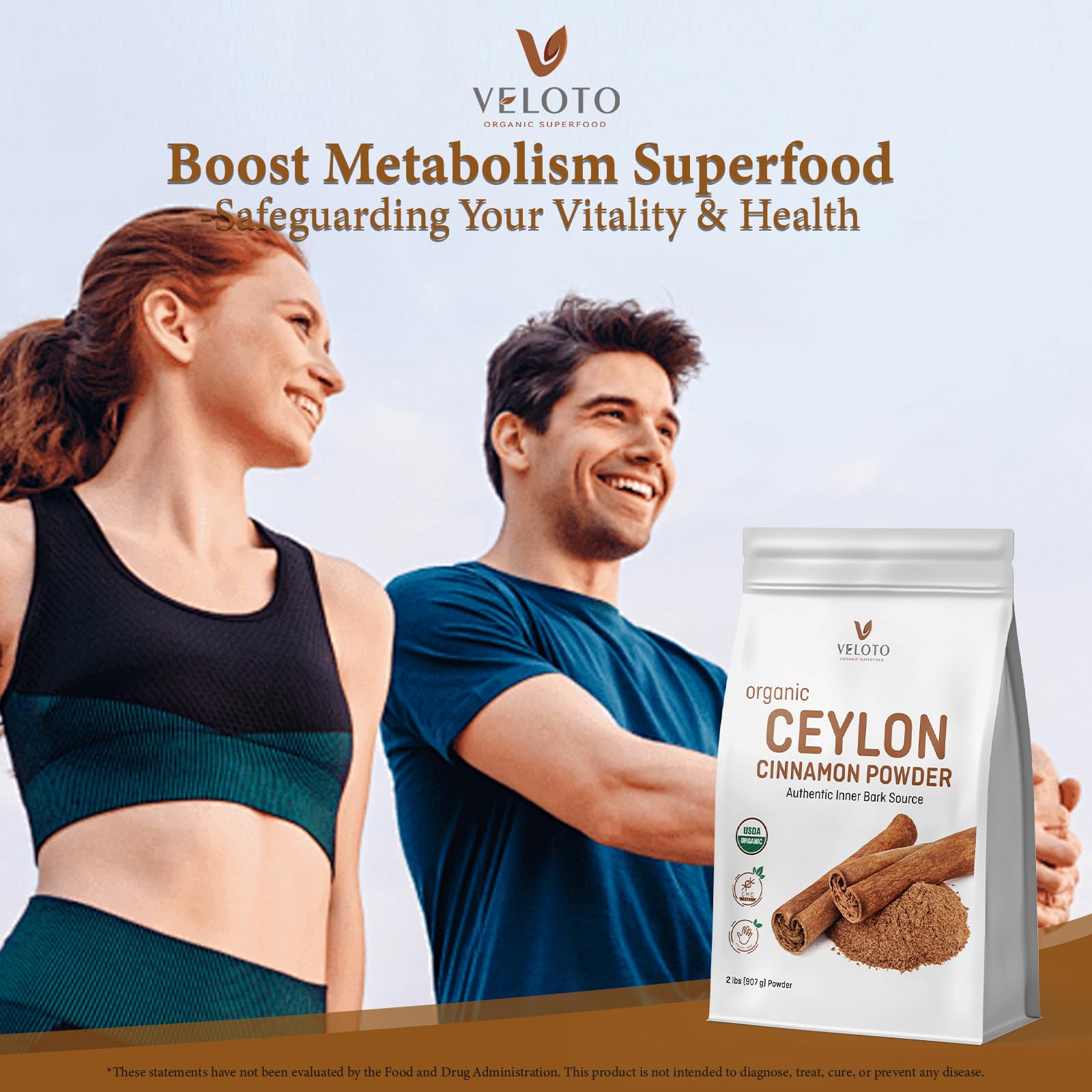 Veloto Organic Cinnamon Powder packaging highlights vegan, gluten-free quality.