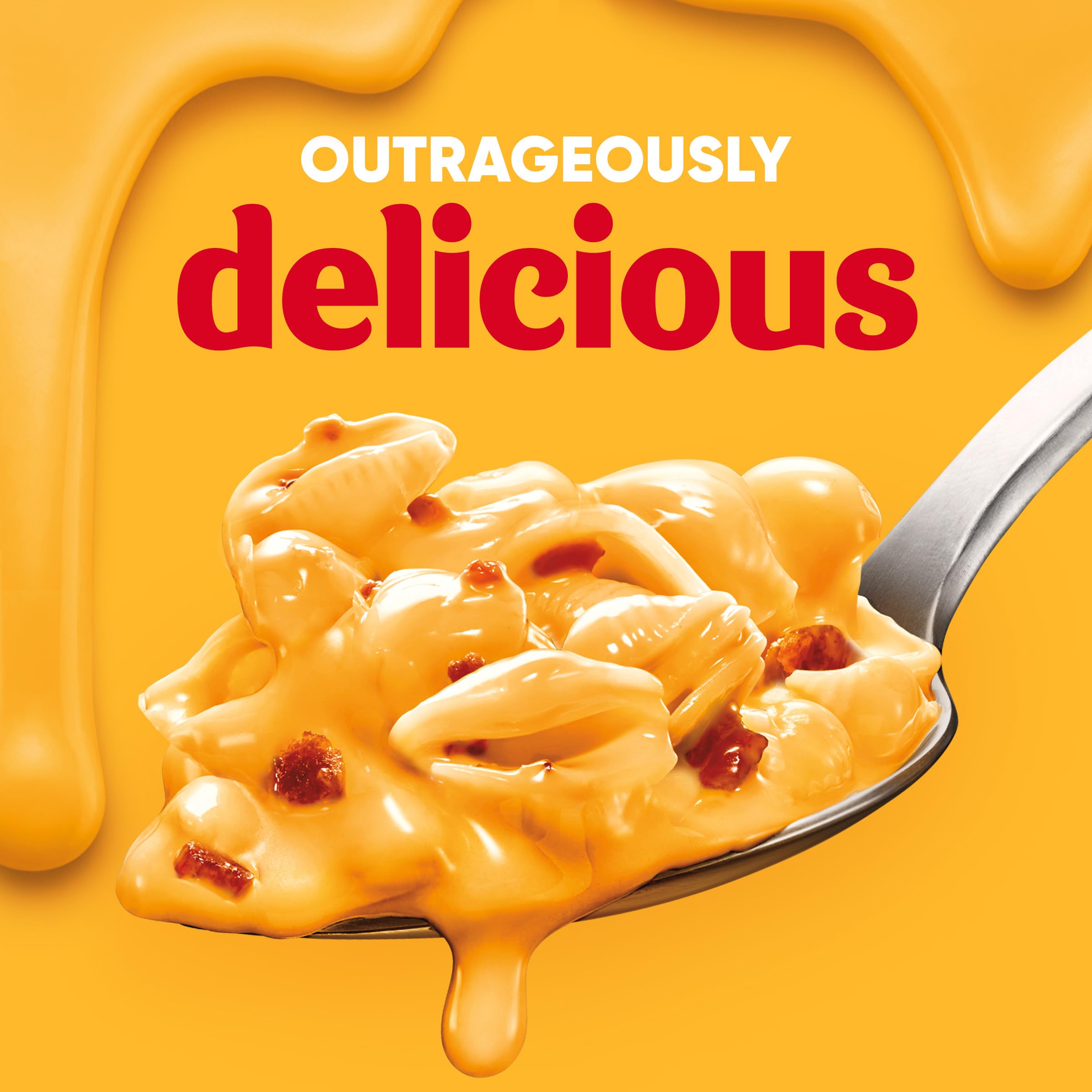 Bacon pieces sprinkled on macaroni with Velveeta for savory bite.