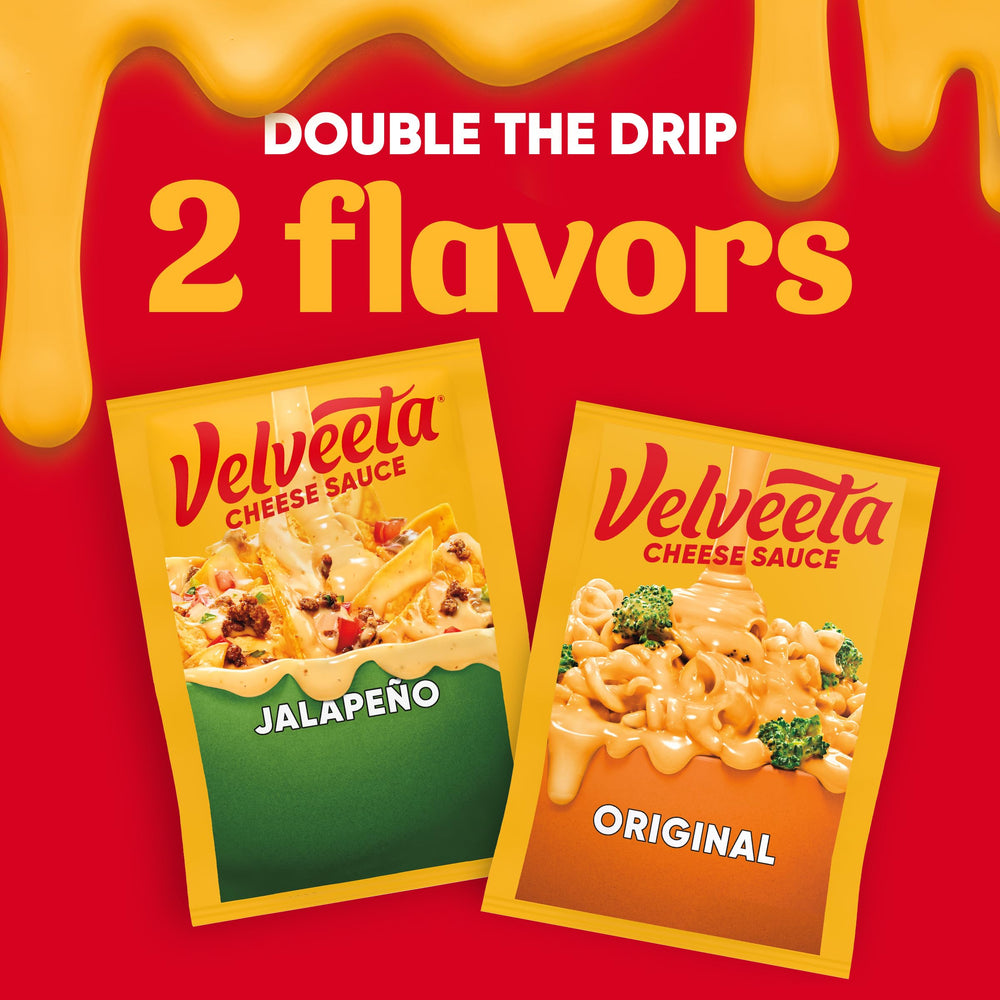 Box shows Velveeta three 4 oz pouches for easy prep
