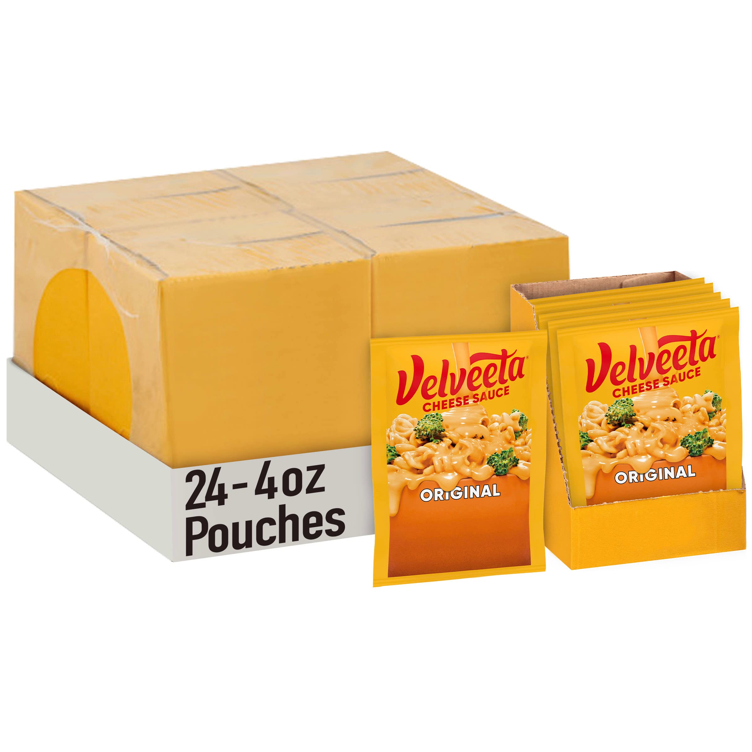 Velveeta Original Cheese Sauce pouches packaging, convenient pantry staple for quick dinners.