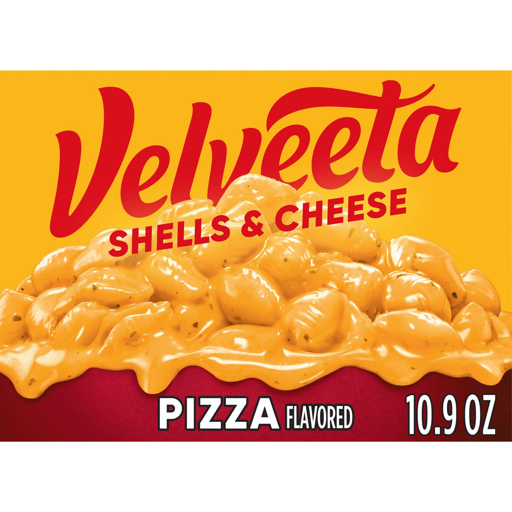 Velveeta Pizza Flavored Shells & Cheese box showing creamy sauce for quick meals