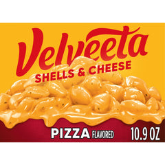 Velveeta Pizza Flavored Shells & Cheese box showing creamy sauce for quick meals