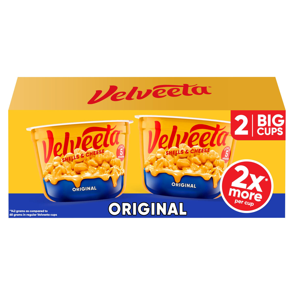 Velveeta Shells and Cheese Big Cup two-pack, creamy texture for quick meals.