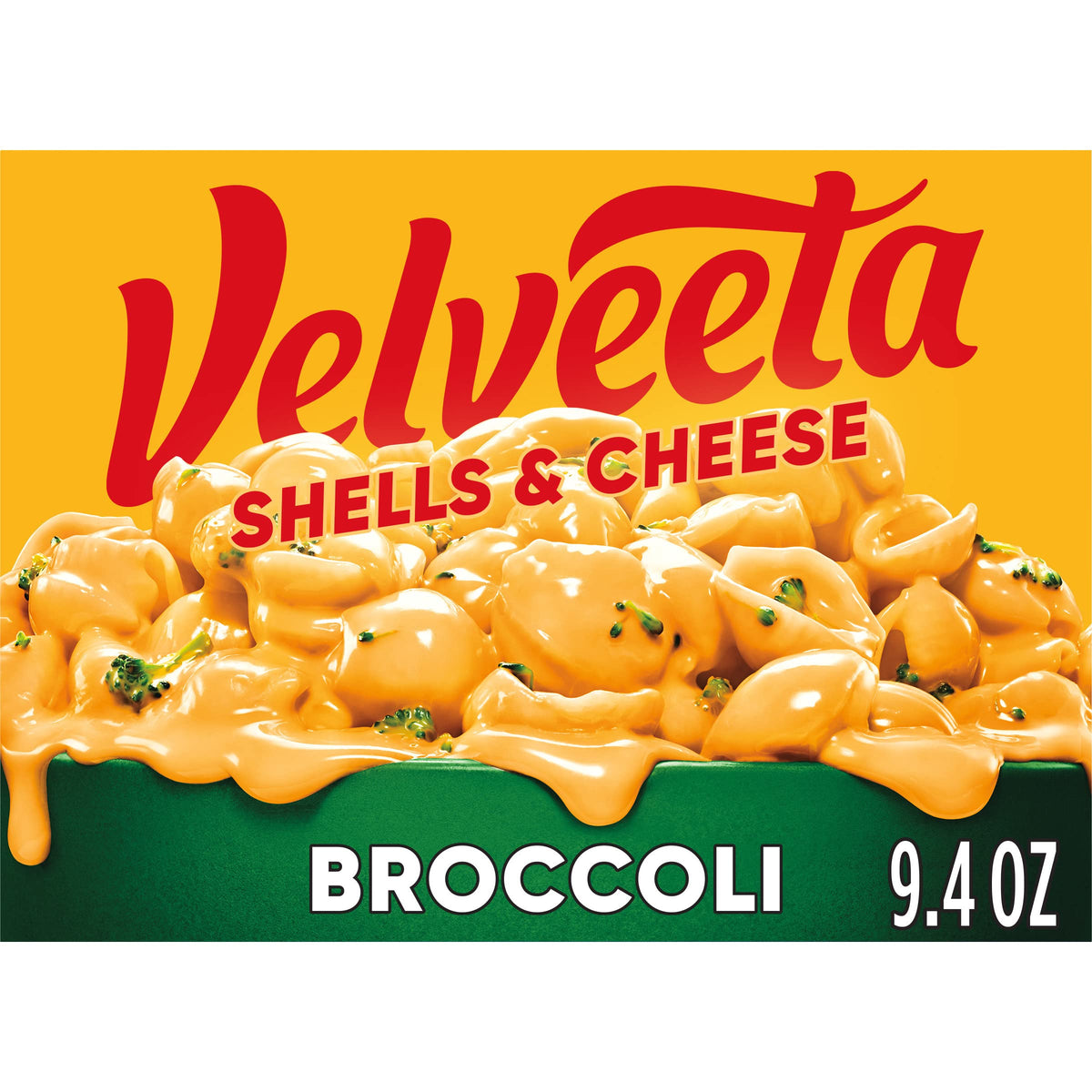 Velveeta Shells & Cheese with Broccoli box showing creamy sauce and florets for easy weeknight dinners.