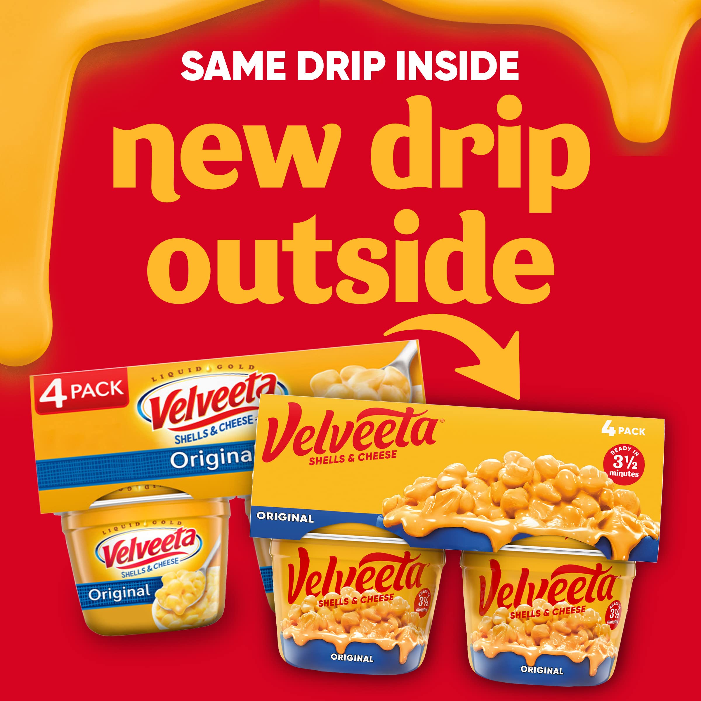 Velveeta Shells & Cheese Cups packaging showing four cups for convenient meals