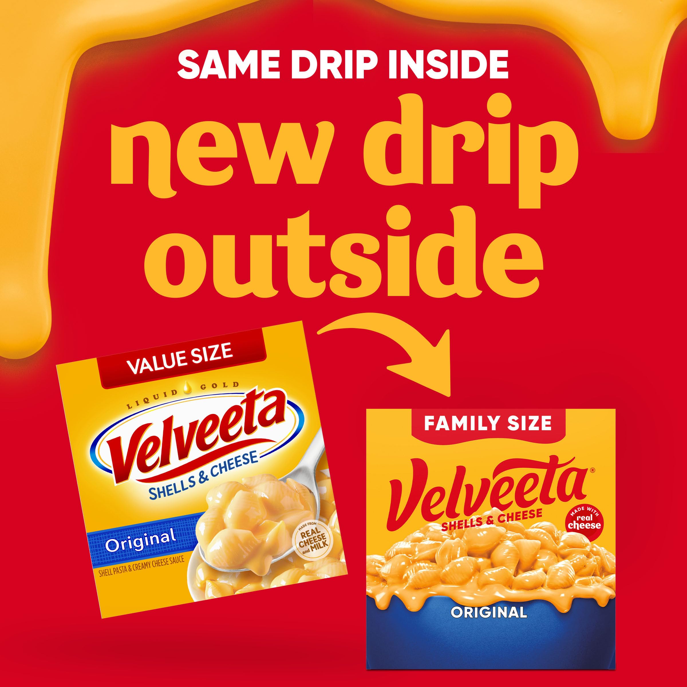 Creamy Velveeta cheese sauce melting over cooked shells for easy mix.