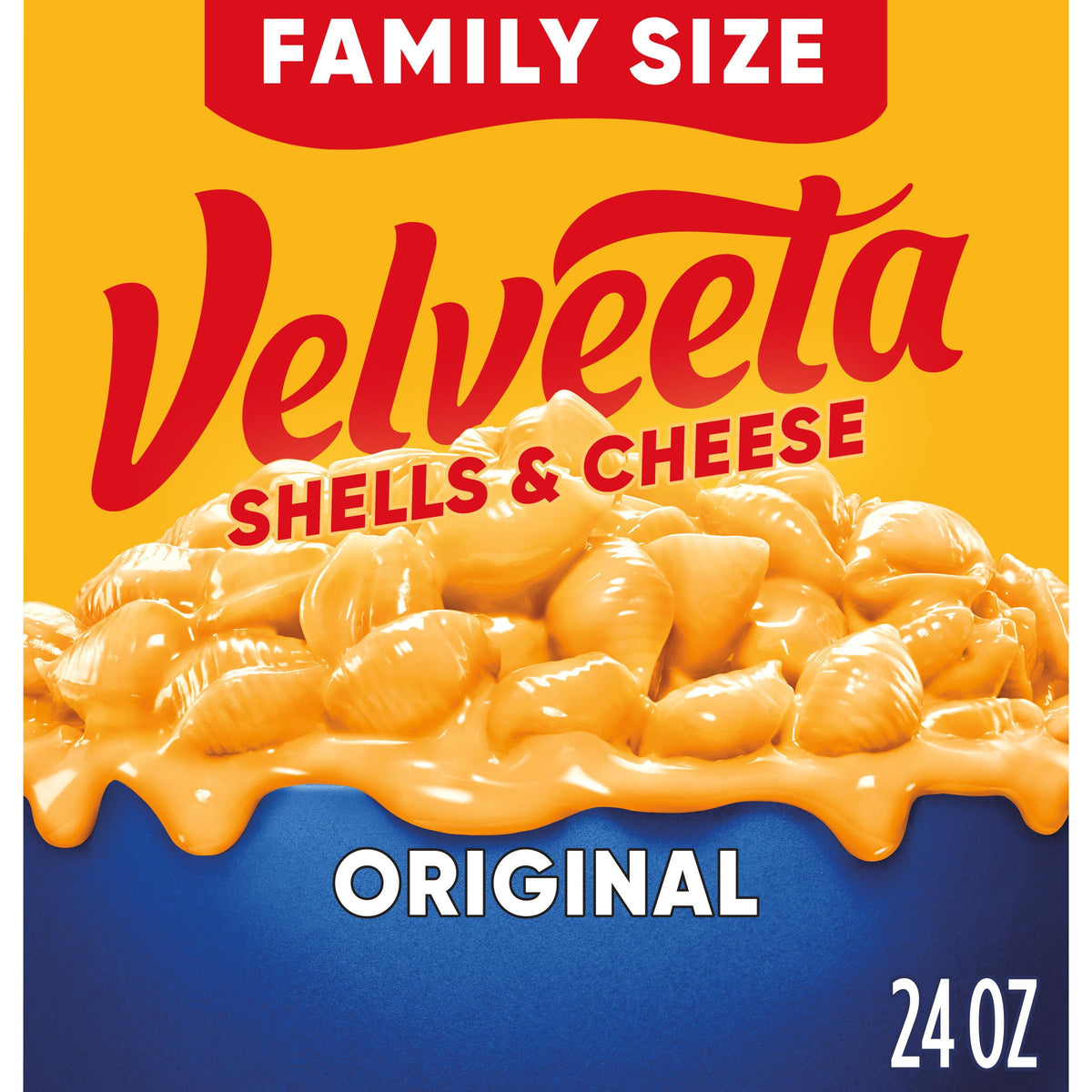 Velveeta Shells & Cheese original box on the kitchen counter, ready to prepare.