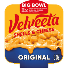 Velveeta Shells & Cheese original shells in a big bowl, convenient microwave meal.