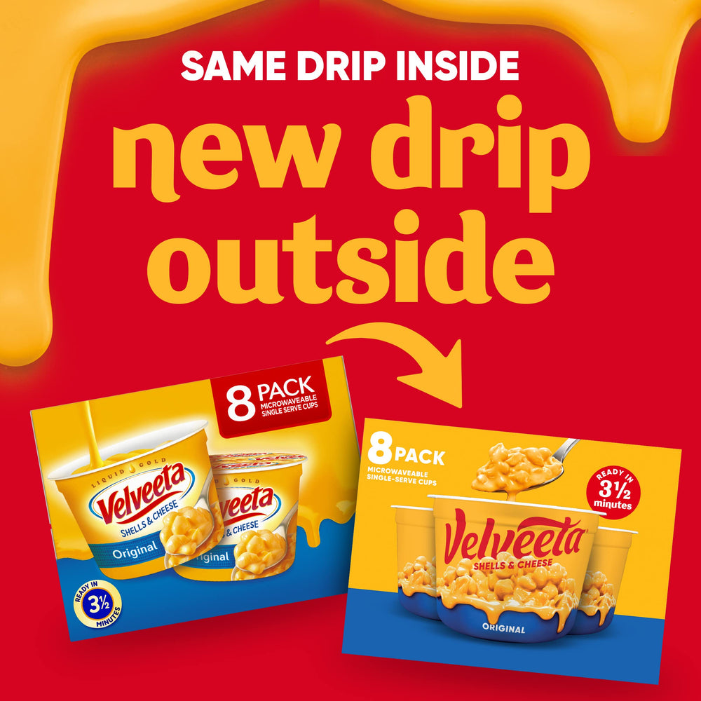 Pouring Velveeta sauce over shells shows ready-to-eat cheesiness.