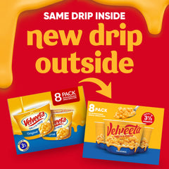Pouring Velveeta sauce over shells shows ready-to-eat cheesiness.