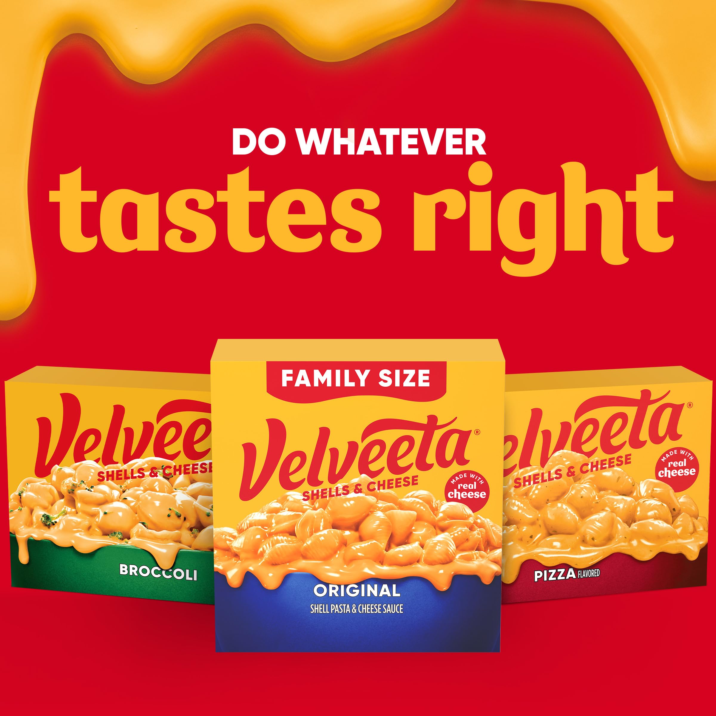 Box art suggests versatile meal ideas with Velveeta shells.
