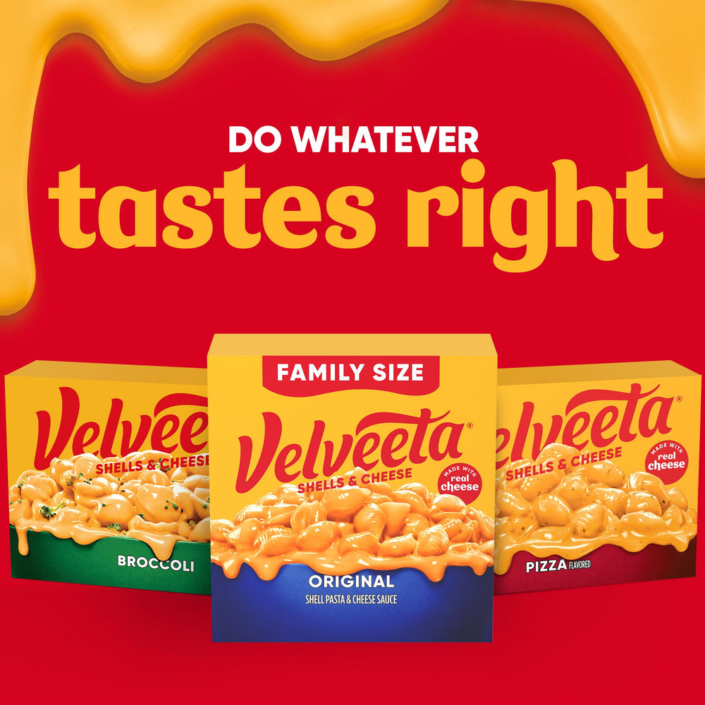 Box art suggests versatile meal ideas with Velveeta shells.