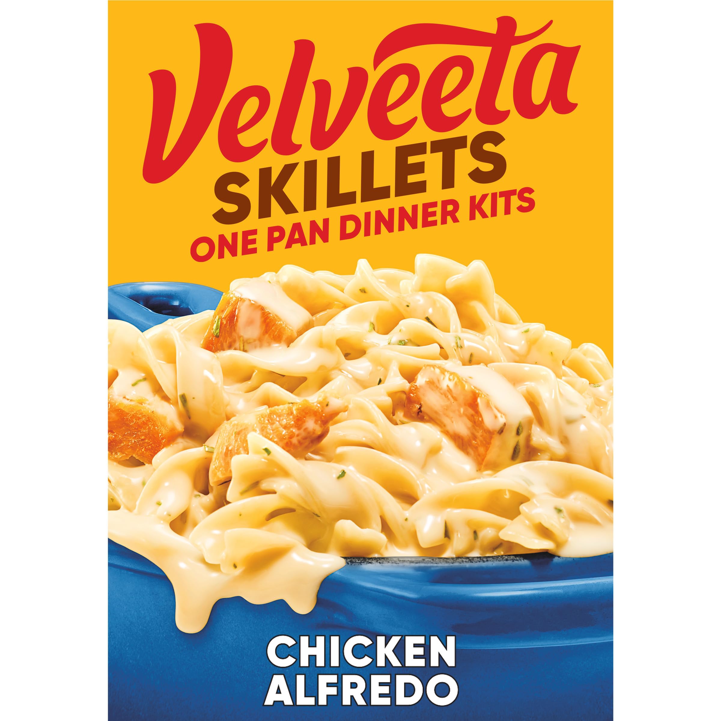 Velveeta Skillets Chicken Alfredo box packaging highlights quick, creamy dinner option.