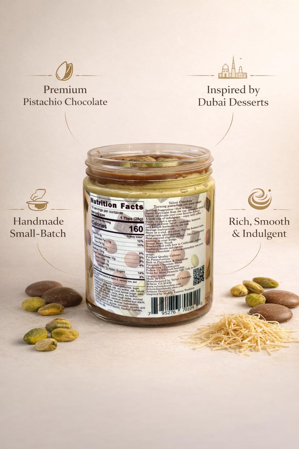 Velvet Chocolate Jarwin Dubai 10oz jar showcases luxurious, ready-to-serve dessert layering.