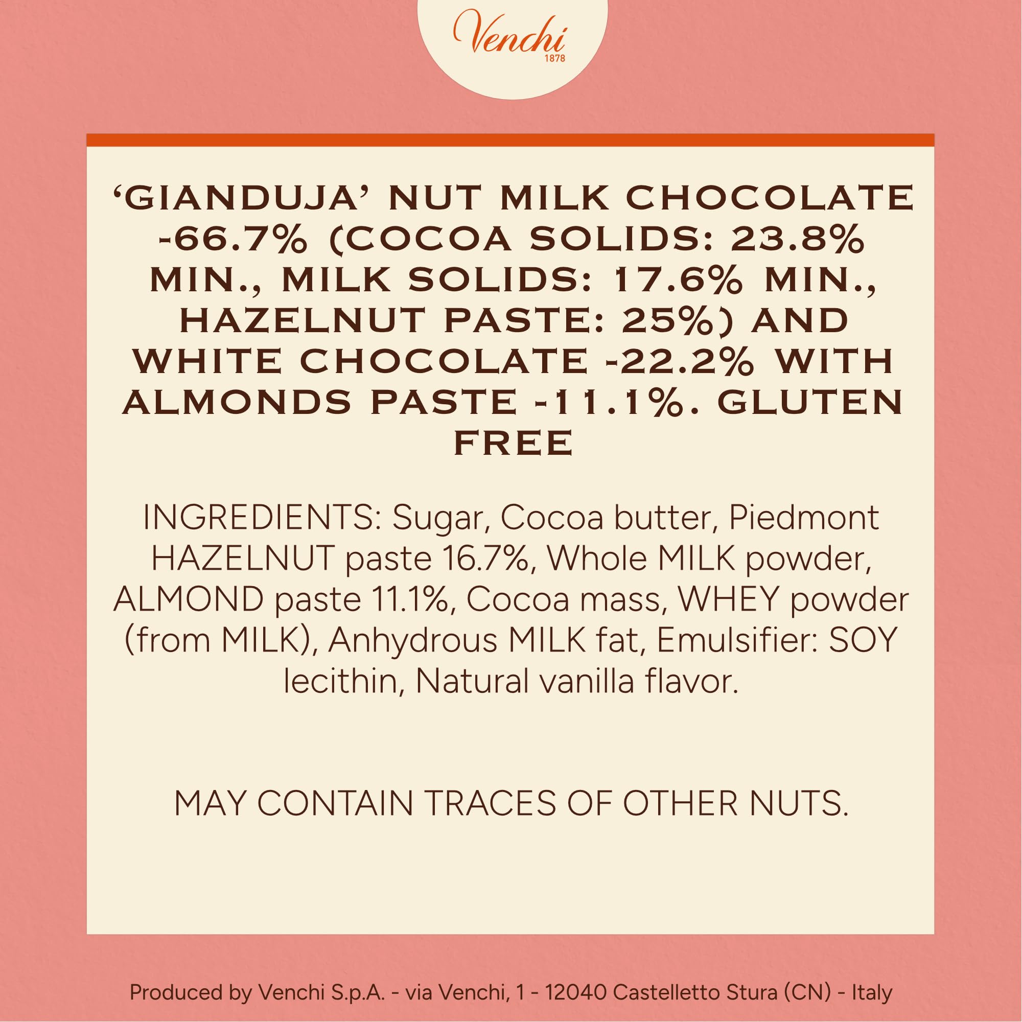 Venchi Cremino 1878 bar with milk gianduja and hazelnuts—creamy, nutty harmony.