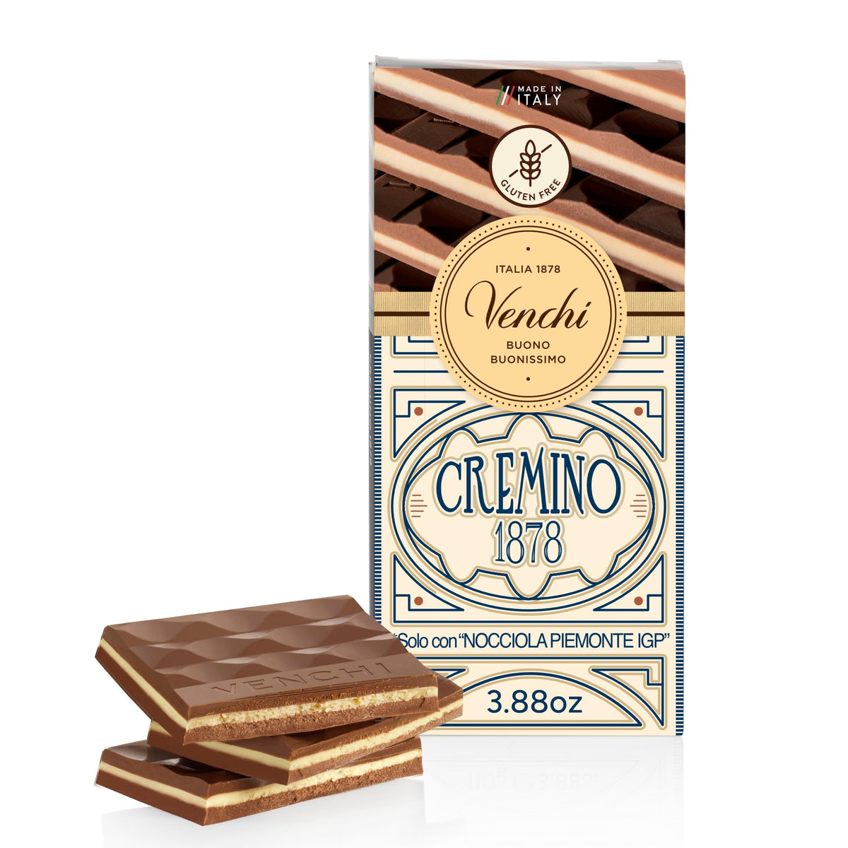 Venchi Cremino 1878 bar with white chocolate and almond paste—silky, refined indulgence.