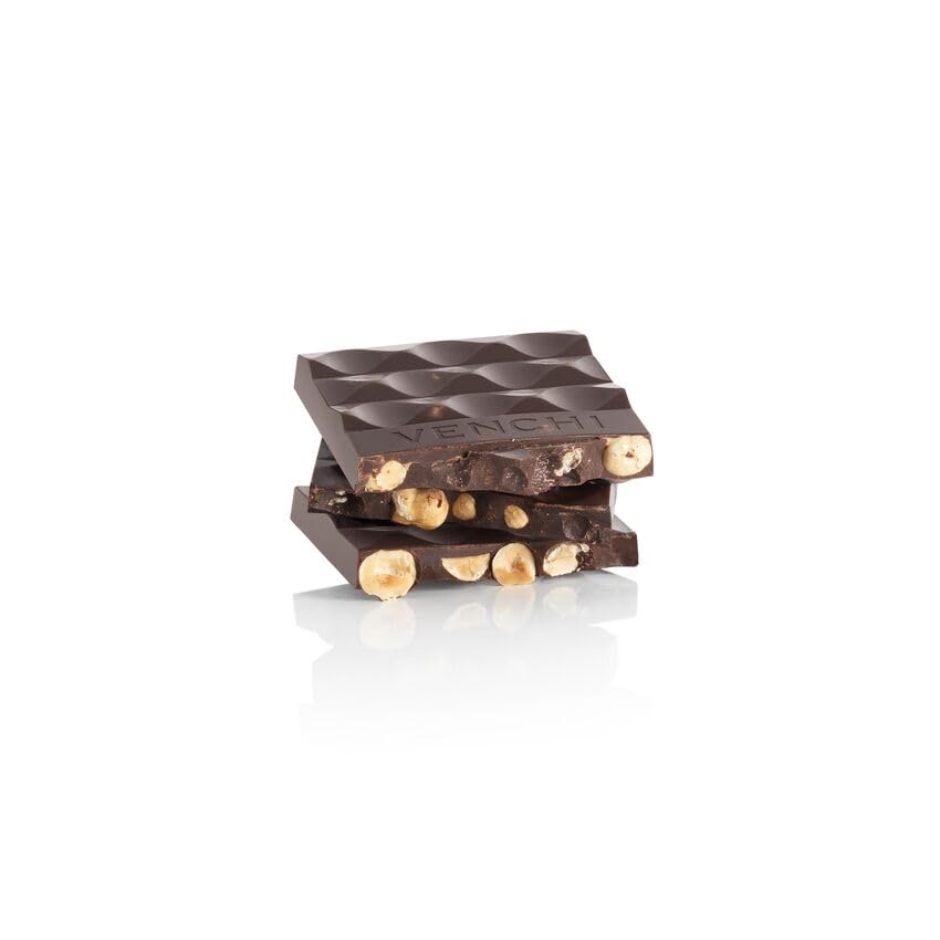 Venchi dark hazelnut bar slice reveals dense cocoa and crunchy nuts