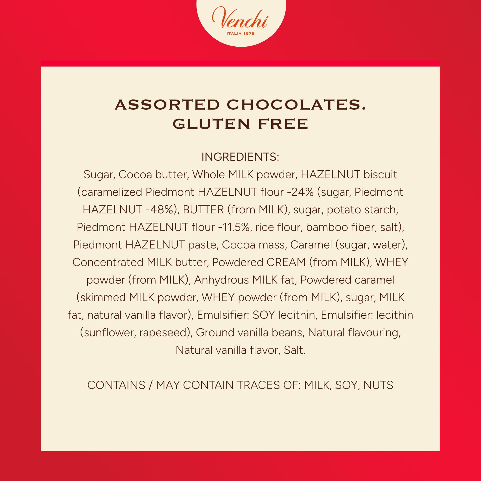 Venchi gift box shows gluten-free chocolates for inclusive gifting.