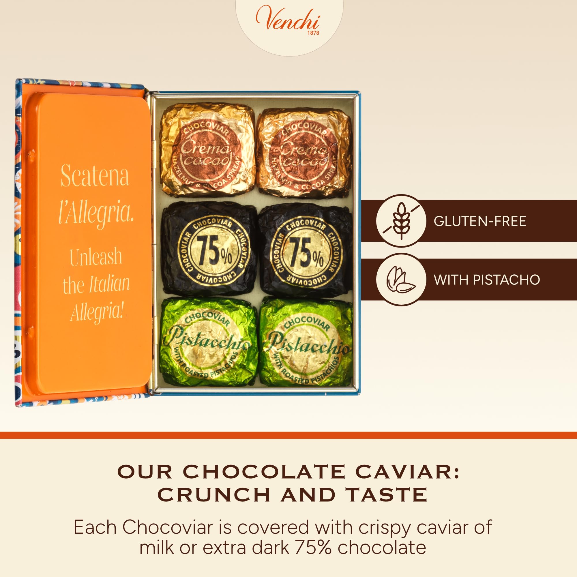 Venchi gluten-free label signals dietary-friendly indulgence.