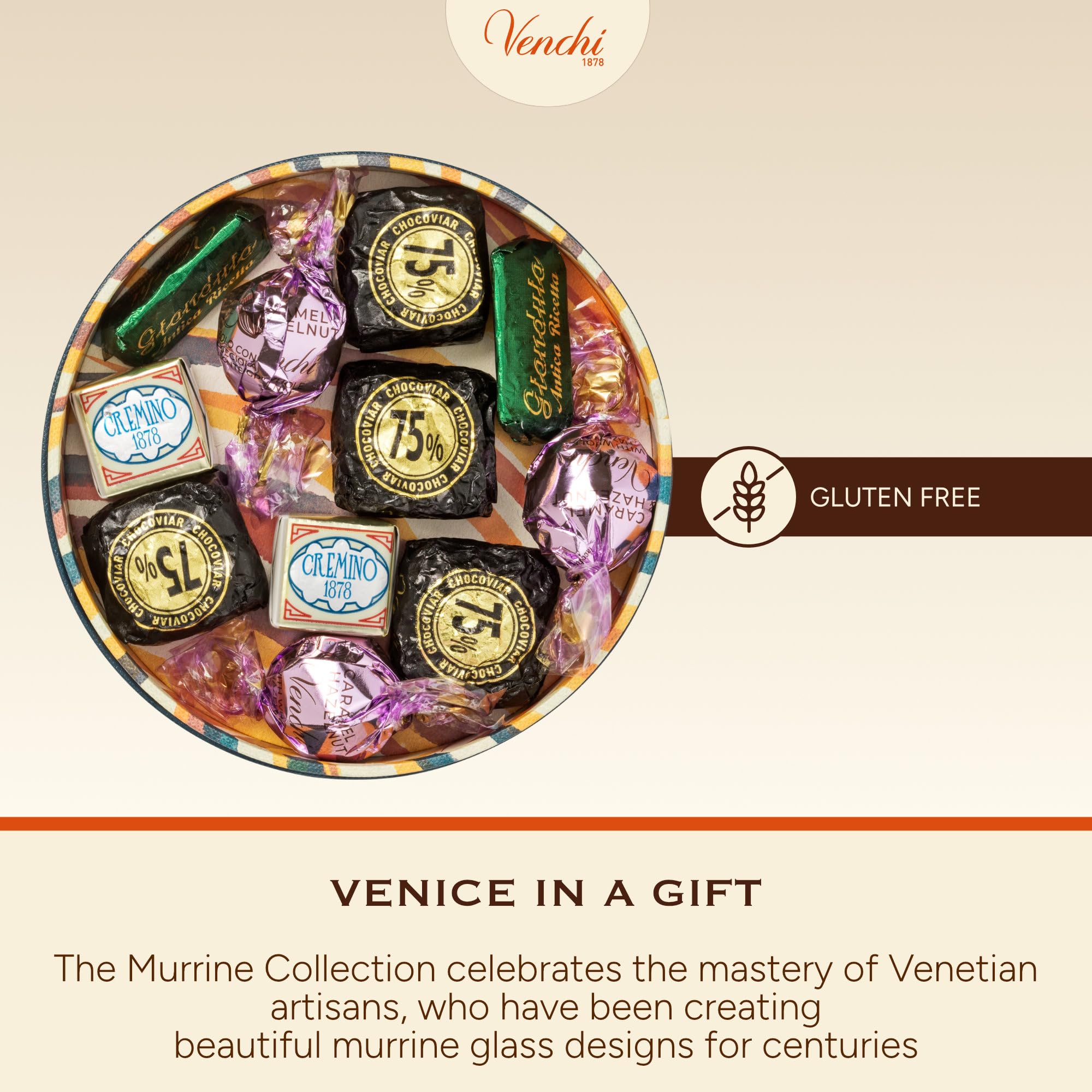 Venchi Murrine box and lid emphasizing Made in Italy craftsmanship.