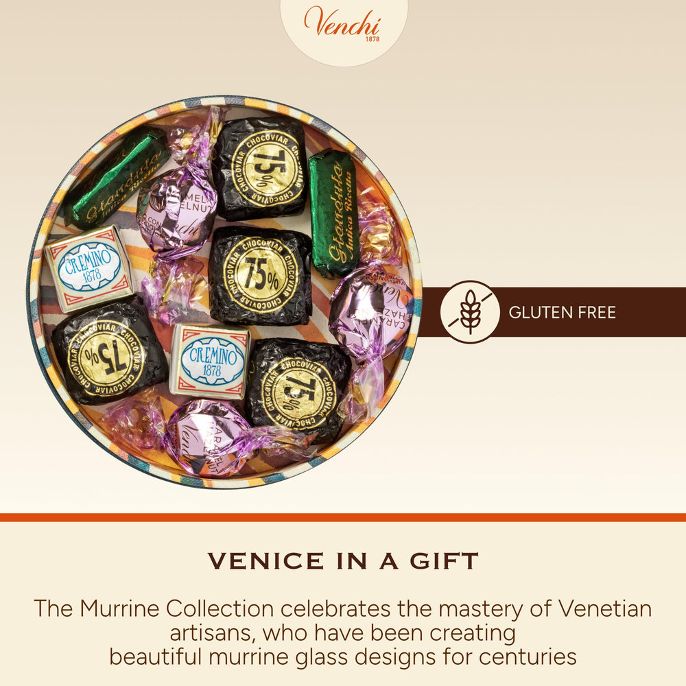 Venchi Murrine box and lid emphasizing Made in Italy craftsmanship.