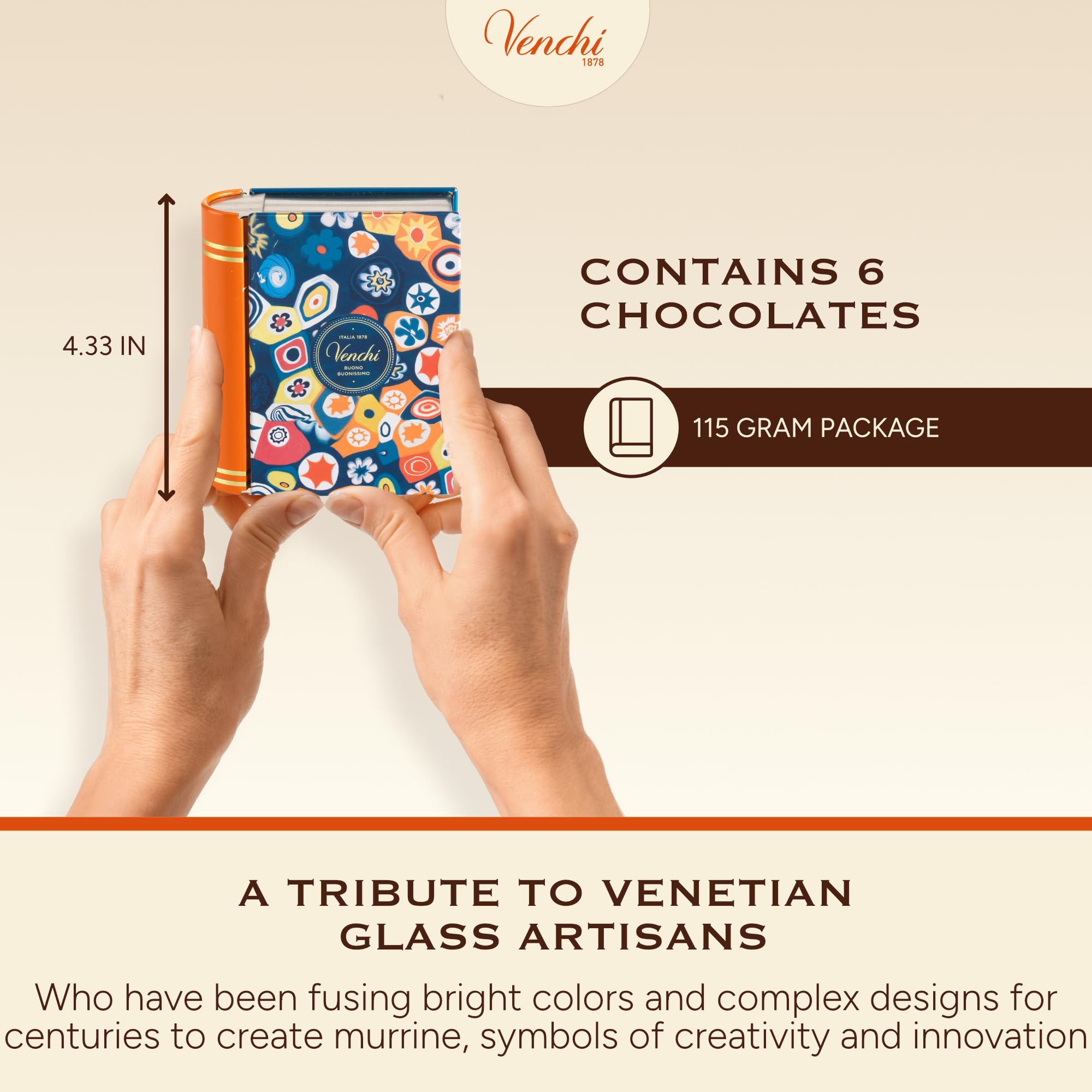 Venchi Venetian artisan design close-up captures color and glass-inspired motifs.