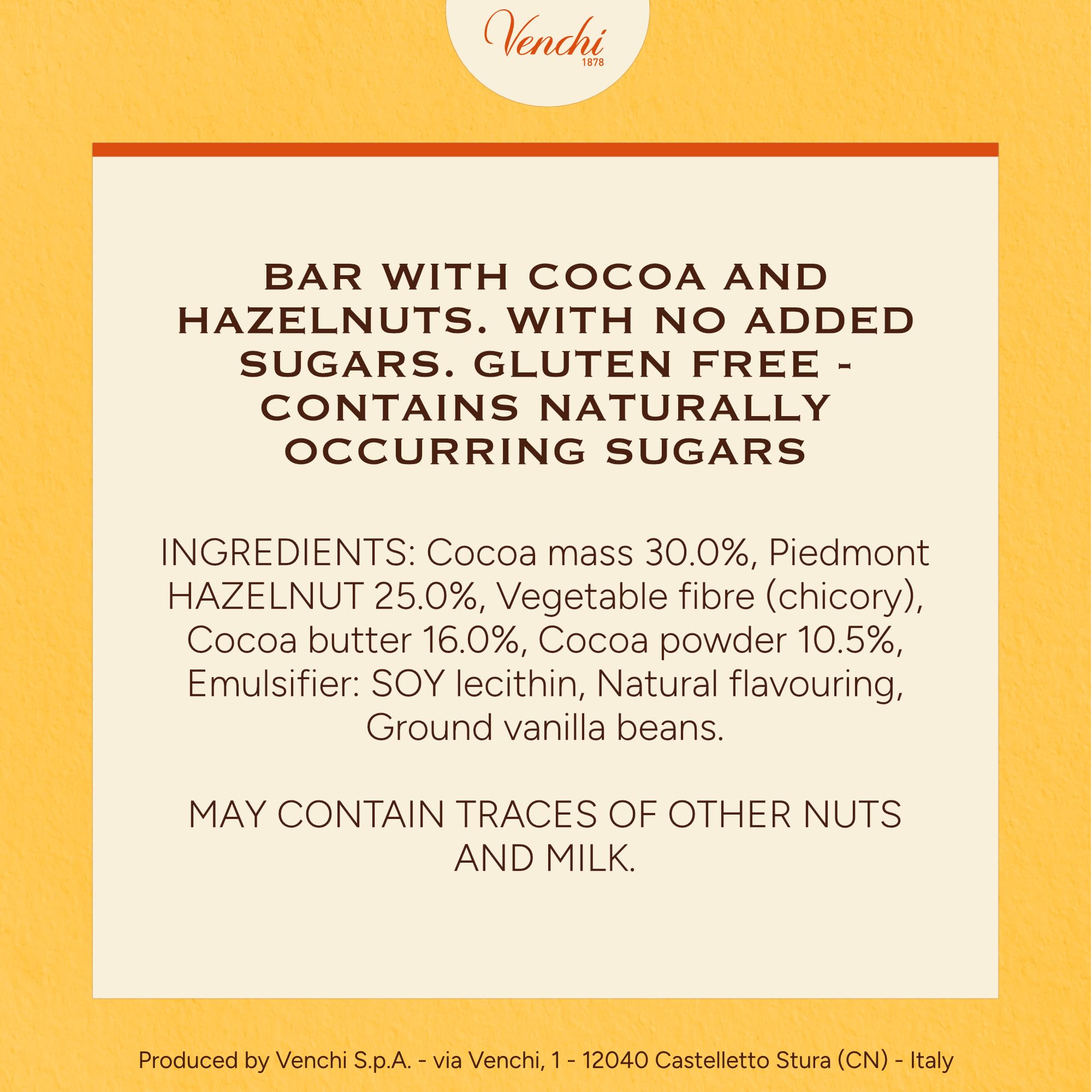 Venchi No Added Sugar Dark Hazelnut Bar close-up shows cocoa and hazelnuts